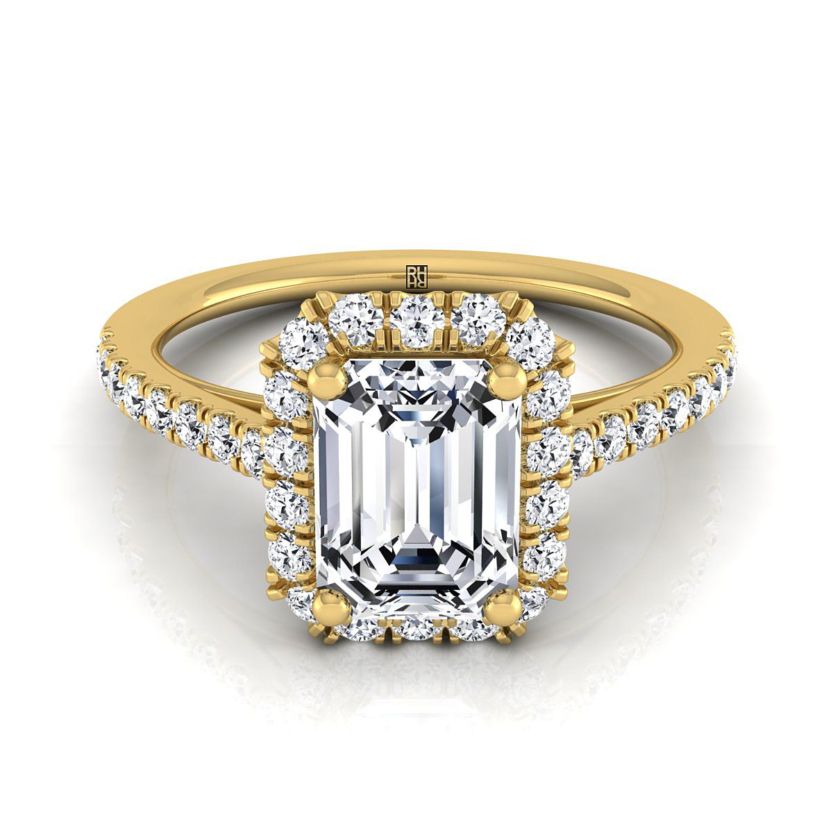 Dylan Select Petite French Pavé Halo Emerald Cut Lab Diamond Engagement Ring in 18K Yellow Gold | RockHer
