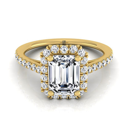 Dylan Select Petite French Pavé Halo Emerald Cut Lab Diamond Engagement Ring in 18K Yellow Gold | RockHer
