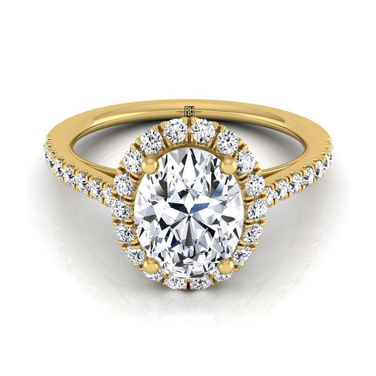 18K Yellow Gold Oval Diamond Petite Halo French Pave Engagement Ring -3/8ctw