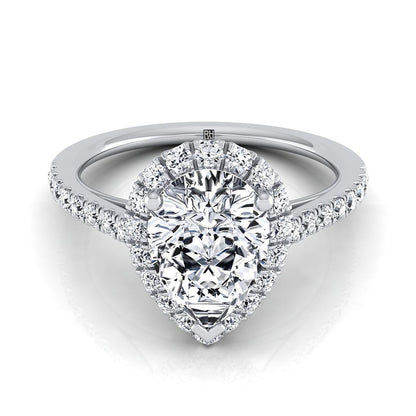 Petite French Pavé Halo Pear Shape, in 18K White Gold, pave setting | RockHer