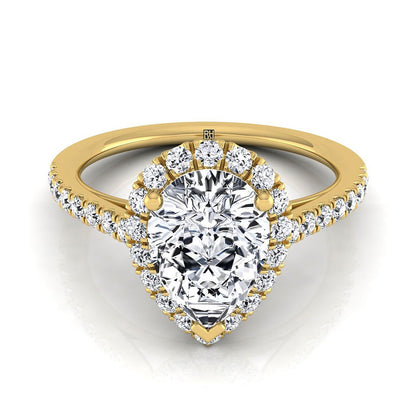 Petite French Pavé Halo Pear Shape, in 18K Yellow Gold, pave setting | RockHer