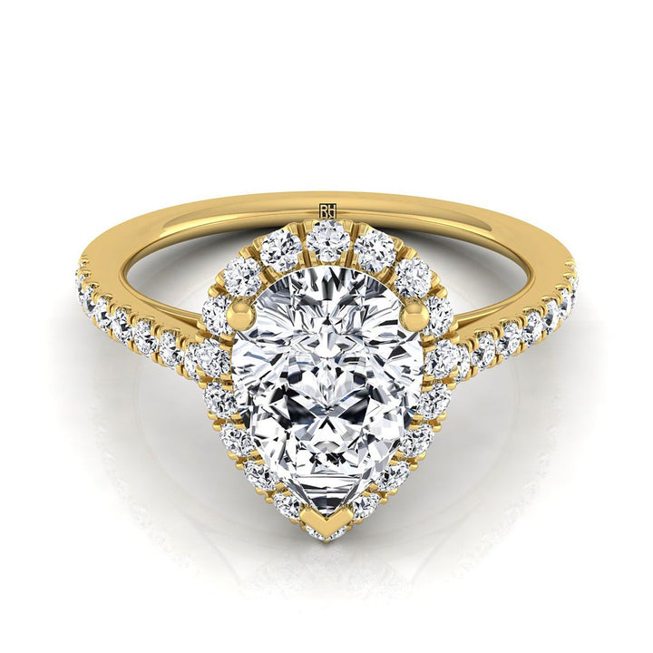 Petite French Pavé Halo Pear Shape, in 18K Yellow Gold, pave setting | RockHer