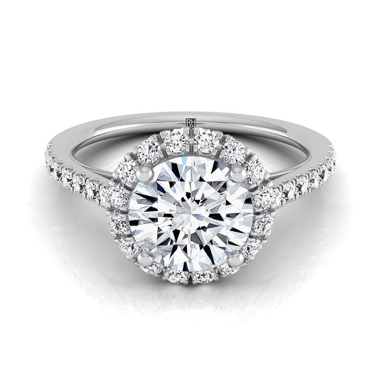14K White Gold Round Brilliant Diamond Petite Halo French Pave Engagement Ring -3/8ctw