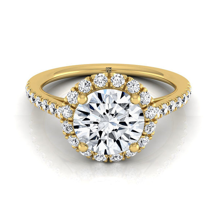 Round Brilliant, Petite French Pavé Halo, in 18K Yellow Gold, pave setting | RockHer