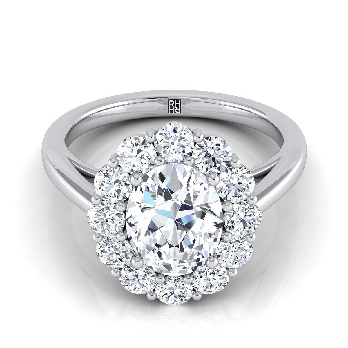 The Faith oval setting in 18K White Gold, a floral prong halo design from RockHer
