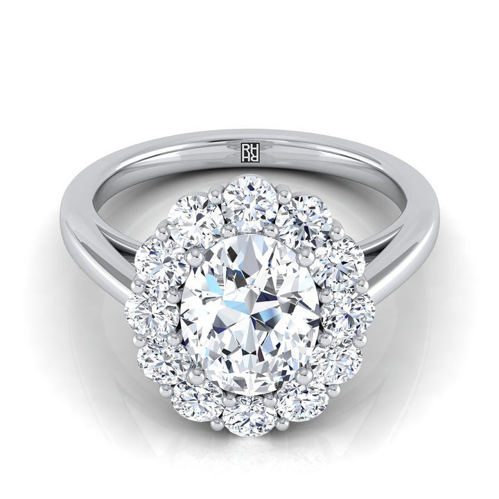 Faith floral prong halo engagement ring in 18K white gold with oval lab diamond — RockHer