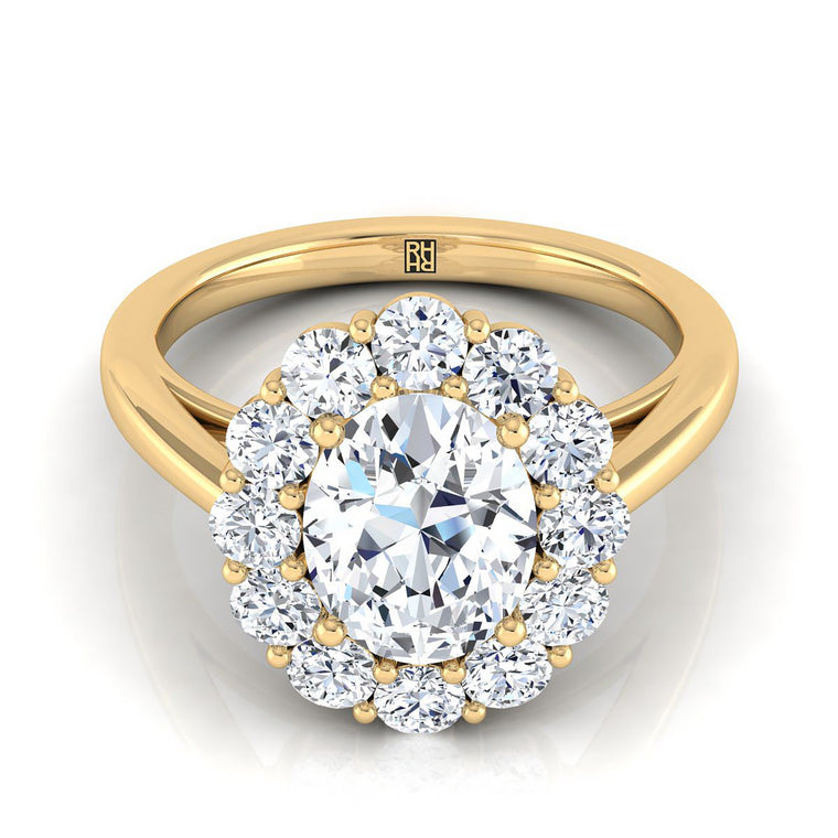 The Faith Floral Prong Halo Oval Engagement Ring Setting in 18K Yellow Gold