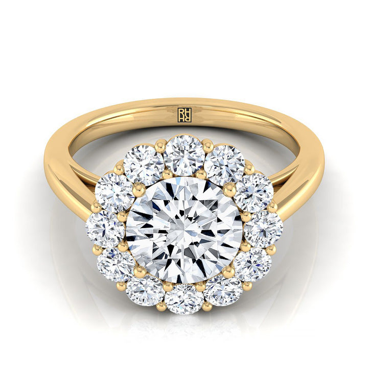 Round Brilliant, Floral Prong Halo Round, in 18K Yellow Gold | RockHer