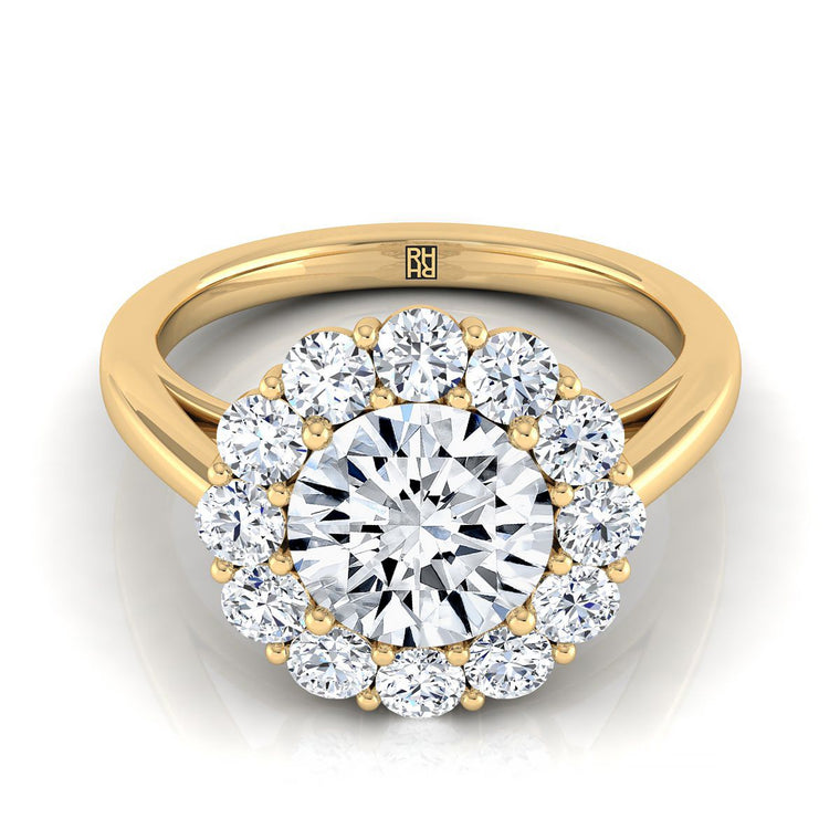 The Faith Floral Prong Halo Round Engagement Ring Setting in 18K Yellow Gold