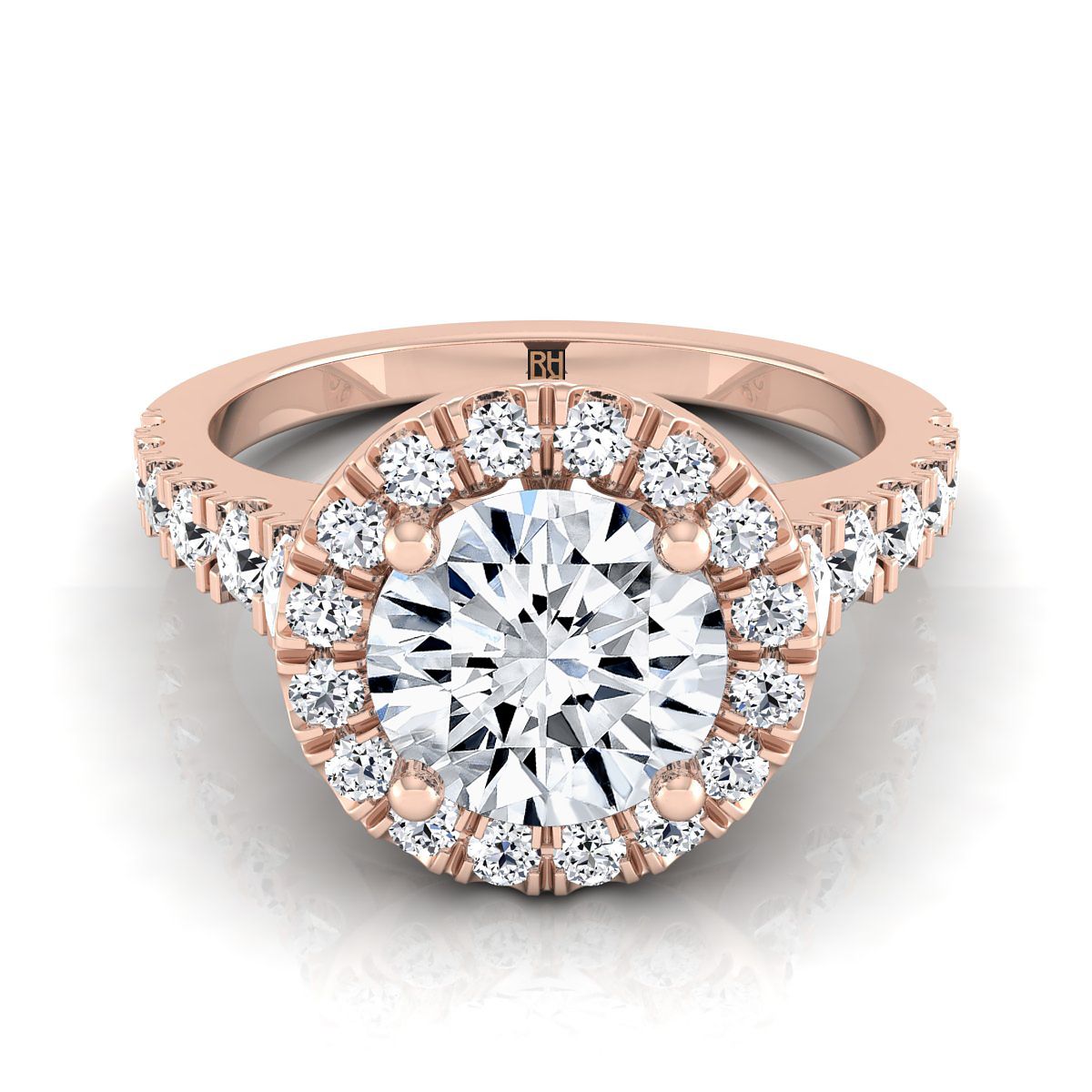 Lucille Select Shared Prong Halo Linear Side Set Round Lab Diamond Engagement Ring in 14K Rose Gold | RockHer