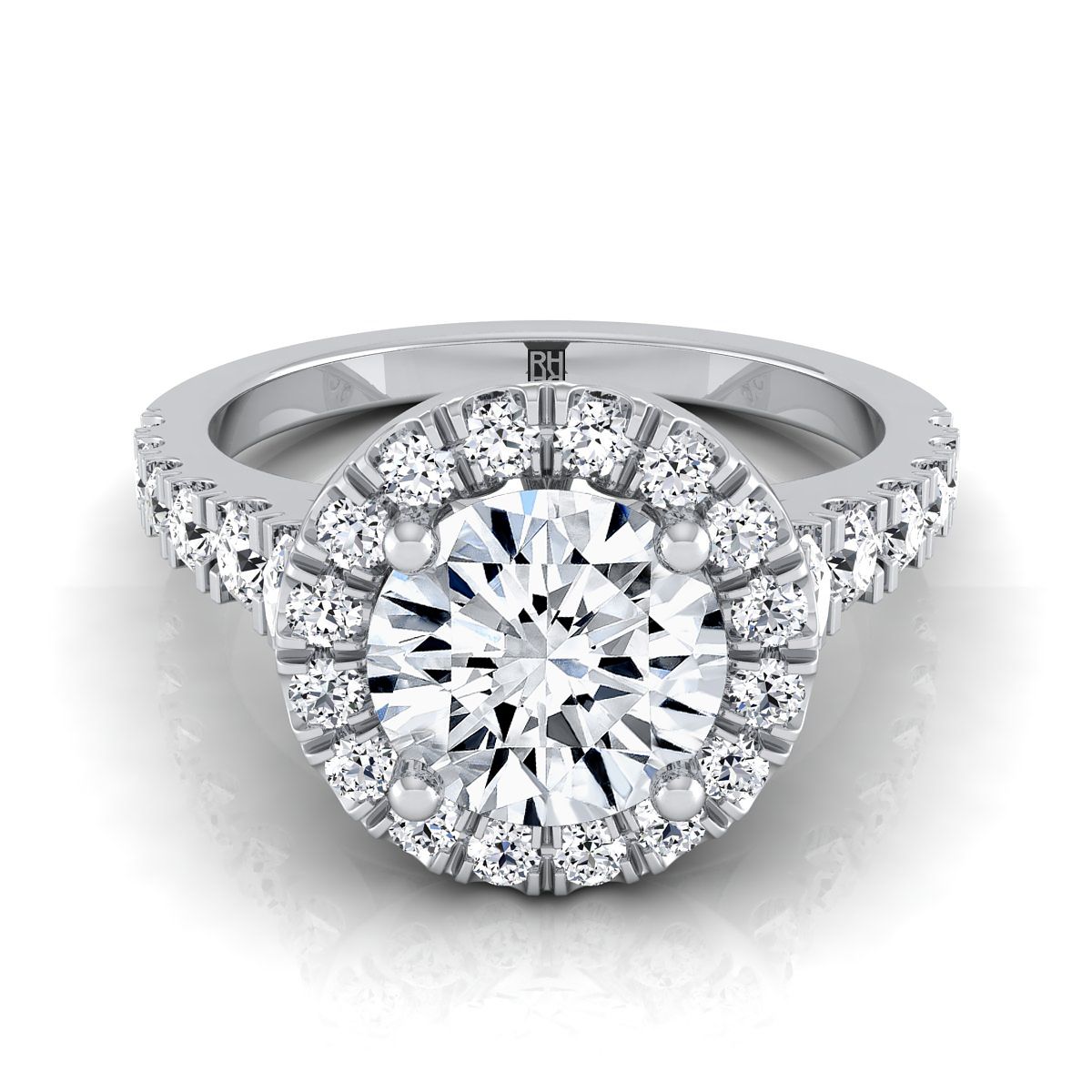 Lucille Select shared prong halo linear side set round ring in 14K White Gold — view — RockHer