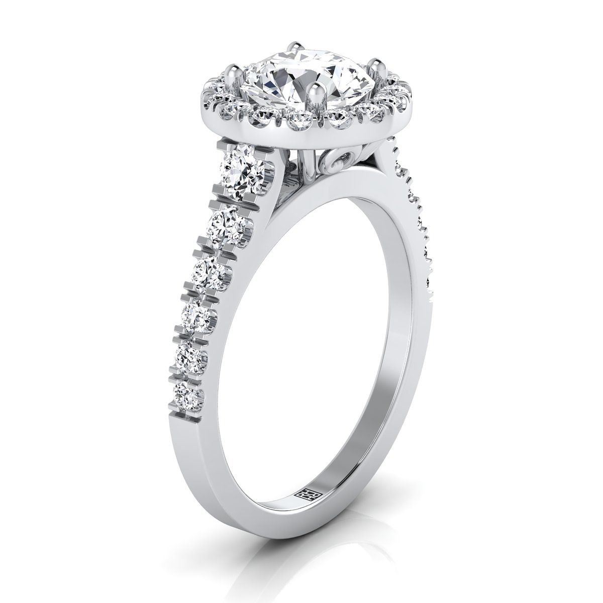 Lucille Select shared prong halo linear side set round ring in 14K White Gold — view — RockHer