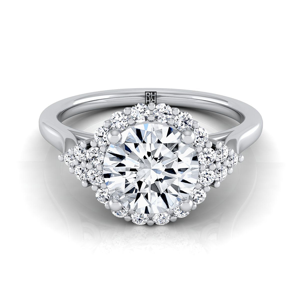 The Kai round setting in 18K White Gold, a select scroll gallery halo design from RockHer