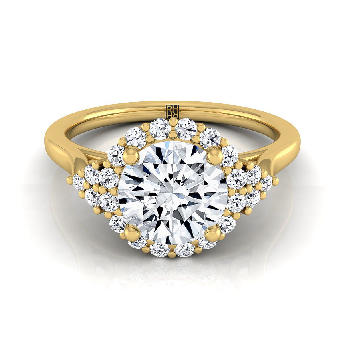 Kai scroll gallery halo engagement ring in 18K yellow gold with round lab diamond — RockHer