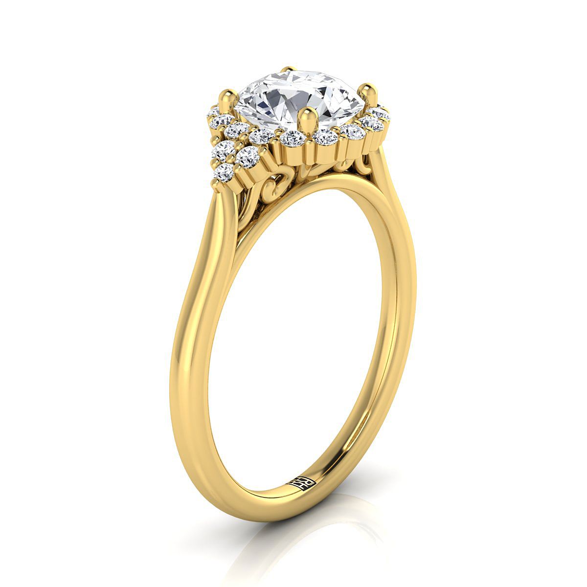 Kai scroll gallery halo engagement ring in 18K yellow gold with round lab diamond — RockHer