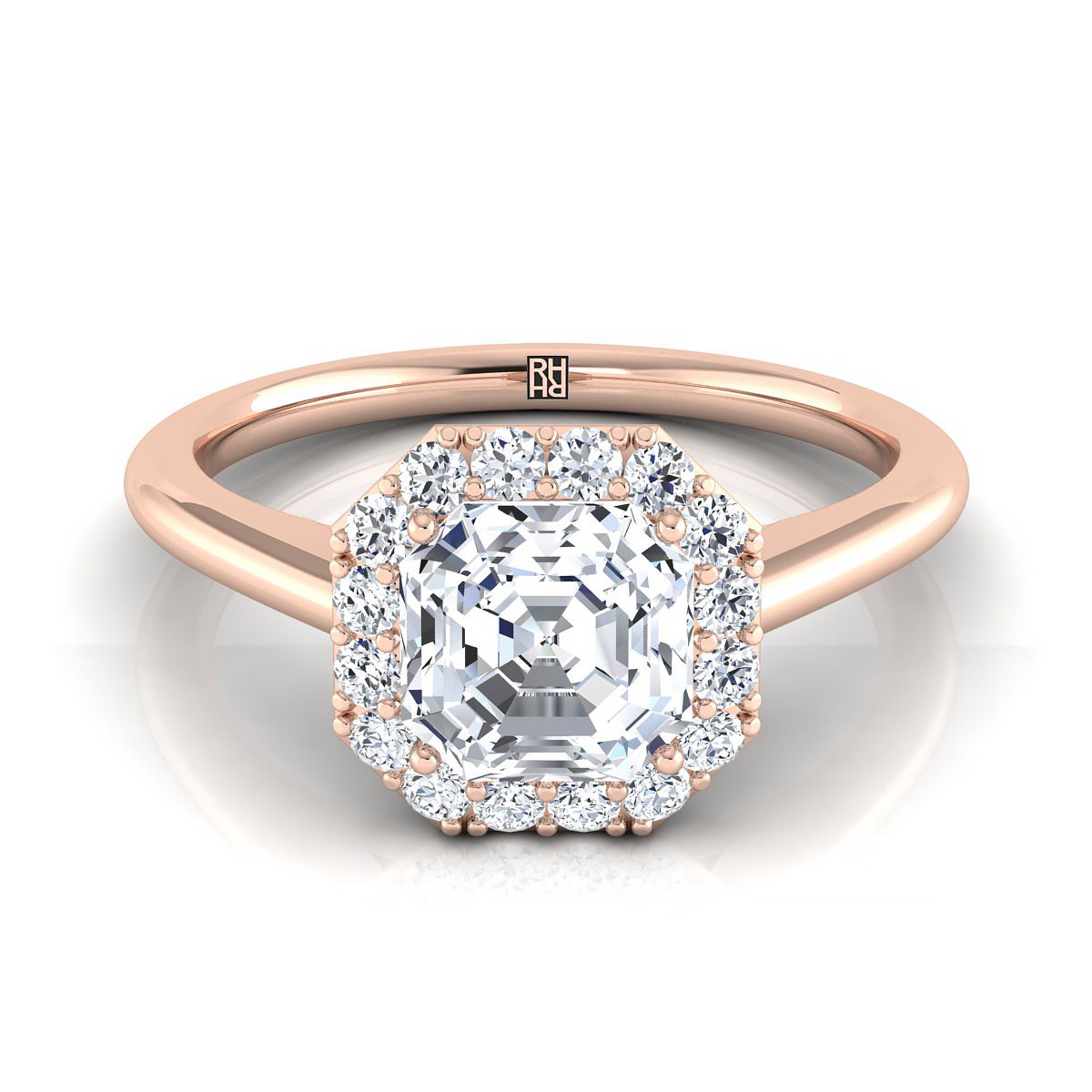 14K Rose Gold Asscher Cut Diamond Shared Prong Halo Engagement