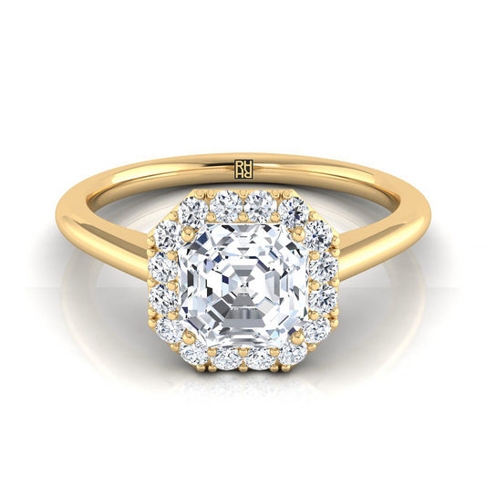 18K Yellow Gold Asscher Cut Diamond Shared Prong Halo Engagement Ring -1/5ctw