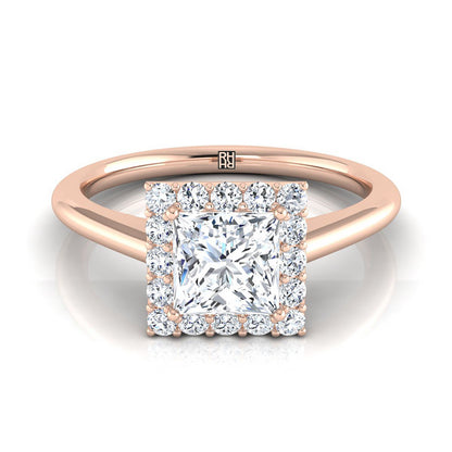 Classic Shared Prong Halo Princess, in 14K Rose Gold, pave setting | RockHer