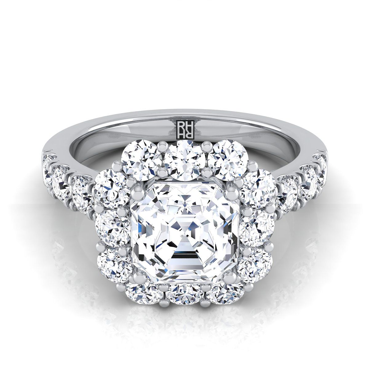 The Alannah asscher setting in Platinum, a select luxe french pavé halo as cut design from RockHer