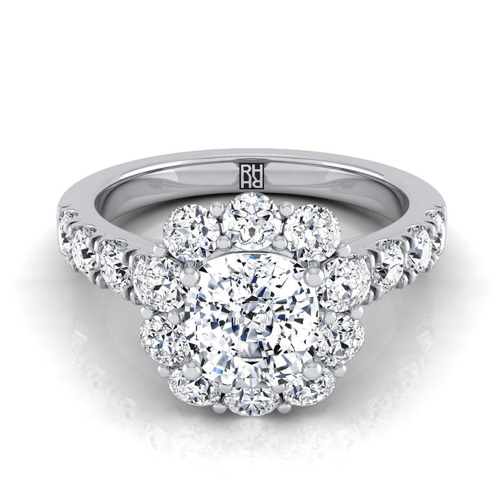 Luxe French Pavé Halo Cushion, in 18K White Gold, prong setting | RockHer