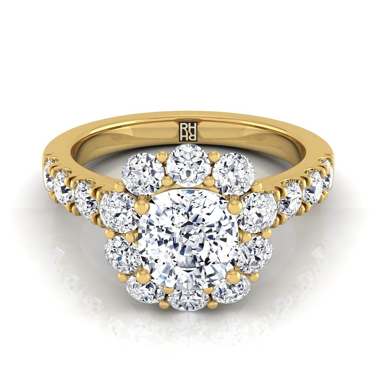 Alannah Select Luxe French Pavé Halo Cushion Cut Lab Diamond Engagement Ring in 18K Yellow Gold | RockHer