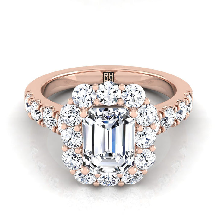 European Cut, Luxe French Pavé Halo Emerald, in 14K Rose Gold, prong setting | RockHer