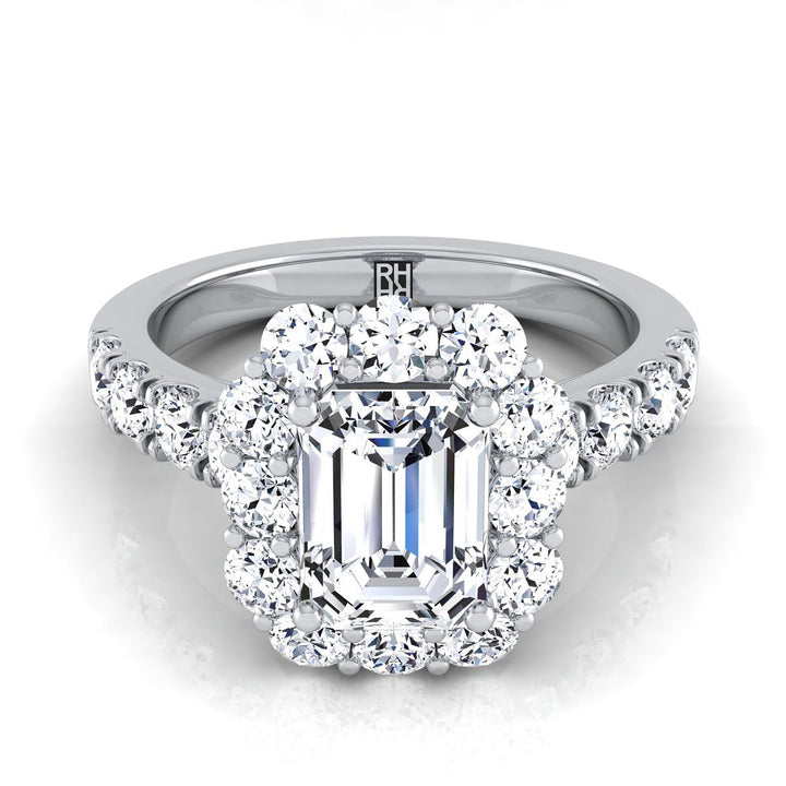 European Cut, Luxe French Pavé Halo Emerald, in Platinum, prong setting | RockHer