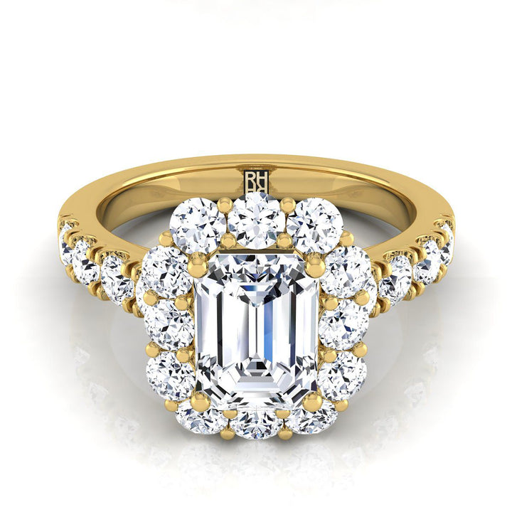 European Cut, Luxe French Pavé Halo Emerald, in 18K Yellow Gold, prong setting | RockHer