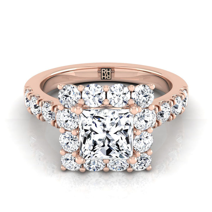 Luxe French Pavé Halo Princess, in 14K Rose Gold, prong setting | RockHer