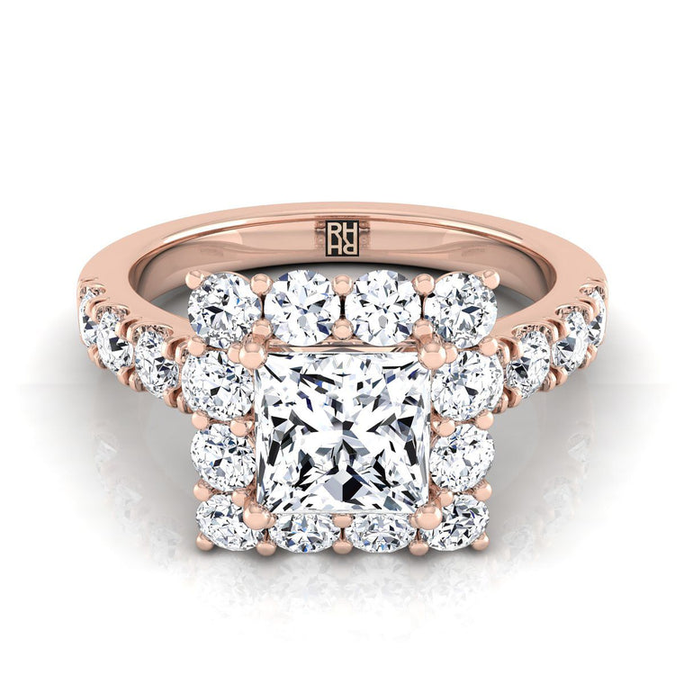 The Alannah Luxe French Pavé Halo Princess Cut Engagement Ring Setting in 14K Rose Gold