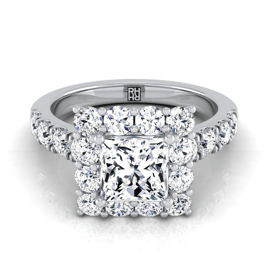 18K White Gold Princess Cut Diamond Luxe Style French Pave Halo Engagement Ring -1-1/10ctw