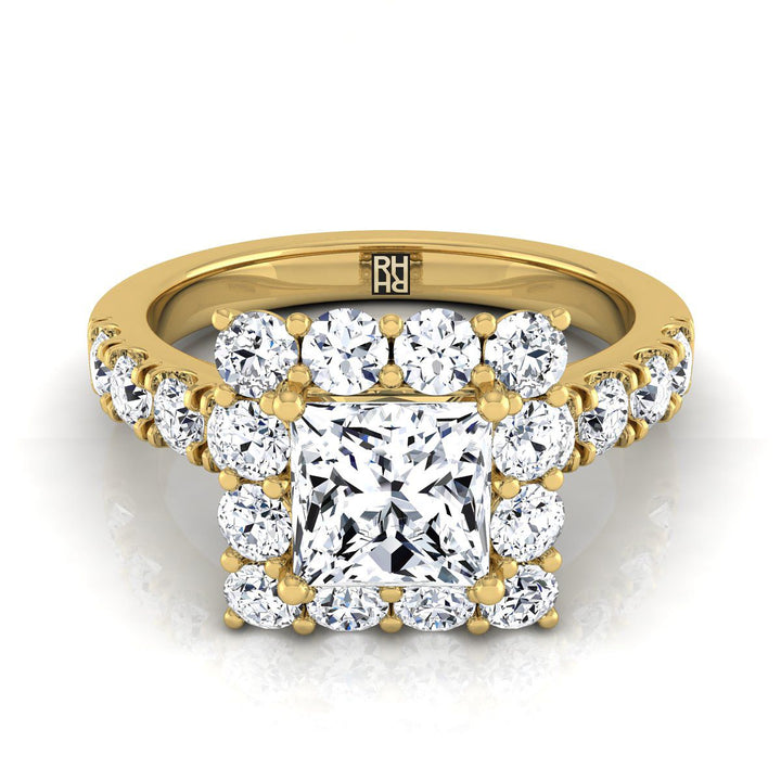 Luxe French Pavé Halo Princess, in 18K Yellow Gold, prong setting | RockHer