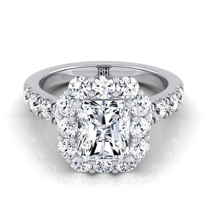 Luxe French Pavé Halo Radiant, in 18K White Gold, prong setting | RockHer