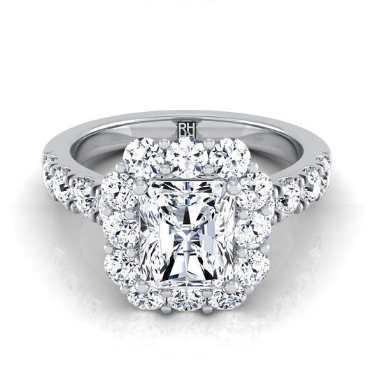 14K White Gold Radiant Cut Center Diamond Luxe Style French Pave Halo Engagement Ring -1-1/10ctw