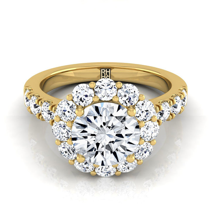 Round Brilliant, Luxe French Pavé Halo, in 18K Yellow Gold, pave setting | RockHer