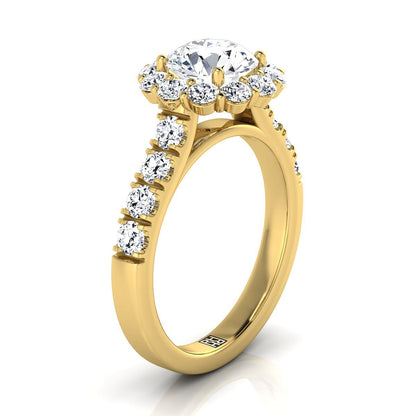 Round Brilliant, Luxe French Pavé Halo, in 18K Yellow Gold, pave setting – side profile | RockHer