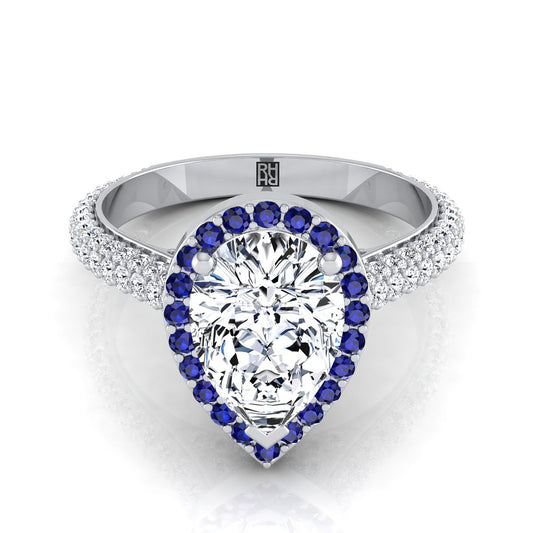14K White Gold Pear Shape Center Sapphire Micro-Pavé Halo With Pave Side Diamond Engagement Ring -7/8ctw
