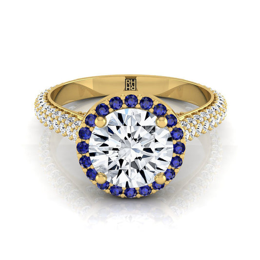 18K Yellow Gold Round Brilliant  Micro-Pavé Halo With Pave Side Diamond Engagement Ring -7/8ctw
