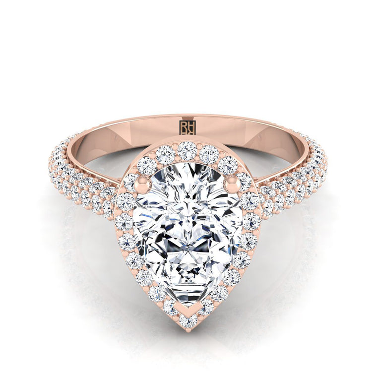 The Ella Micro Pavé Triple Row Halo Pear Engagement Ring Setting in 14K Rose Gold