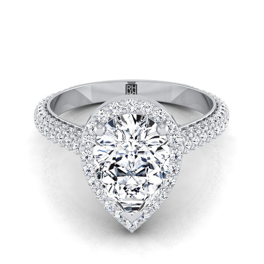 Platinum Pear Shape Center Diamond Micro-Pavé Halo Engagement Ring -7/8ctw