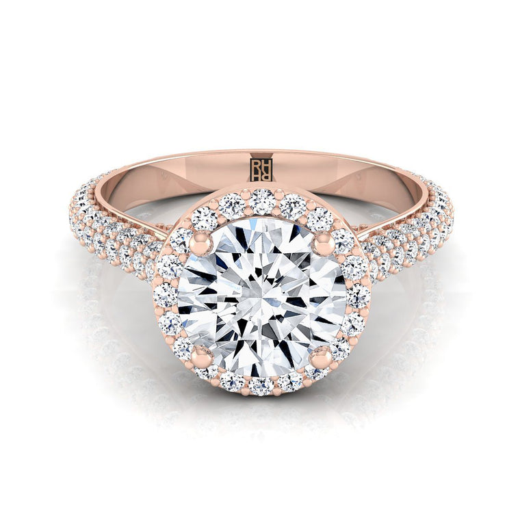 The Ella Micro Pavé Triple Row Halo Round Engagement Ring Setting in 14K Rose Gold
