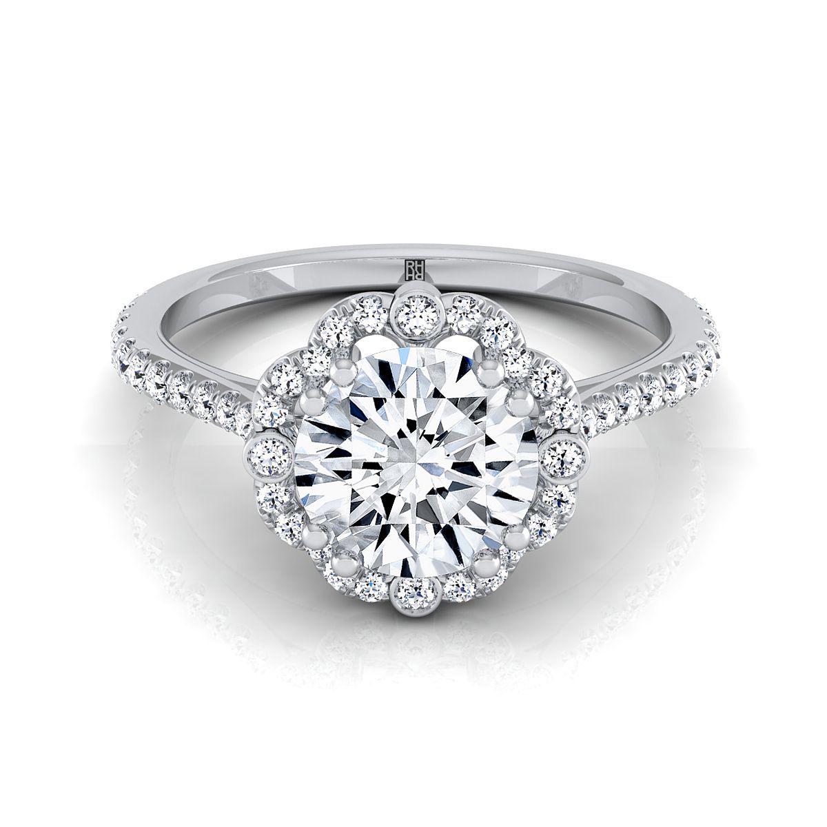 Florence Select vintage scalloped halo round ring in 14K White Gold — view — RockHer
