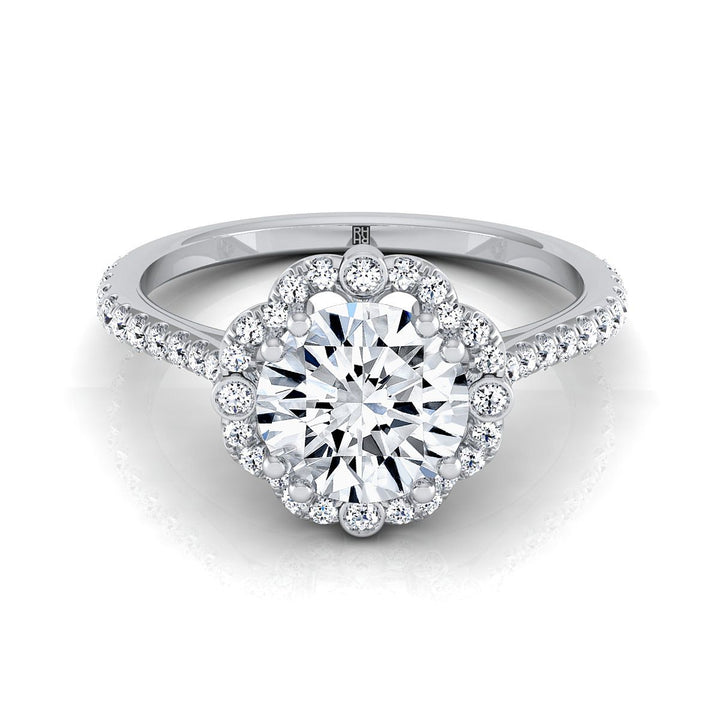 Florence Select vintage scalloped halo round ring in 14K White Gold — view — RockHer