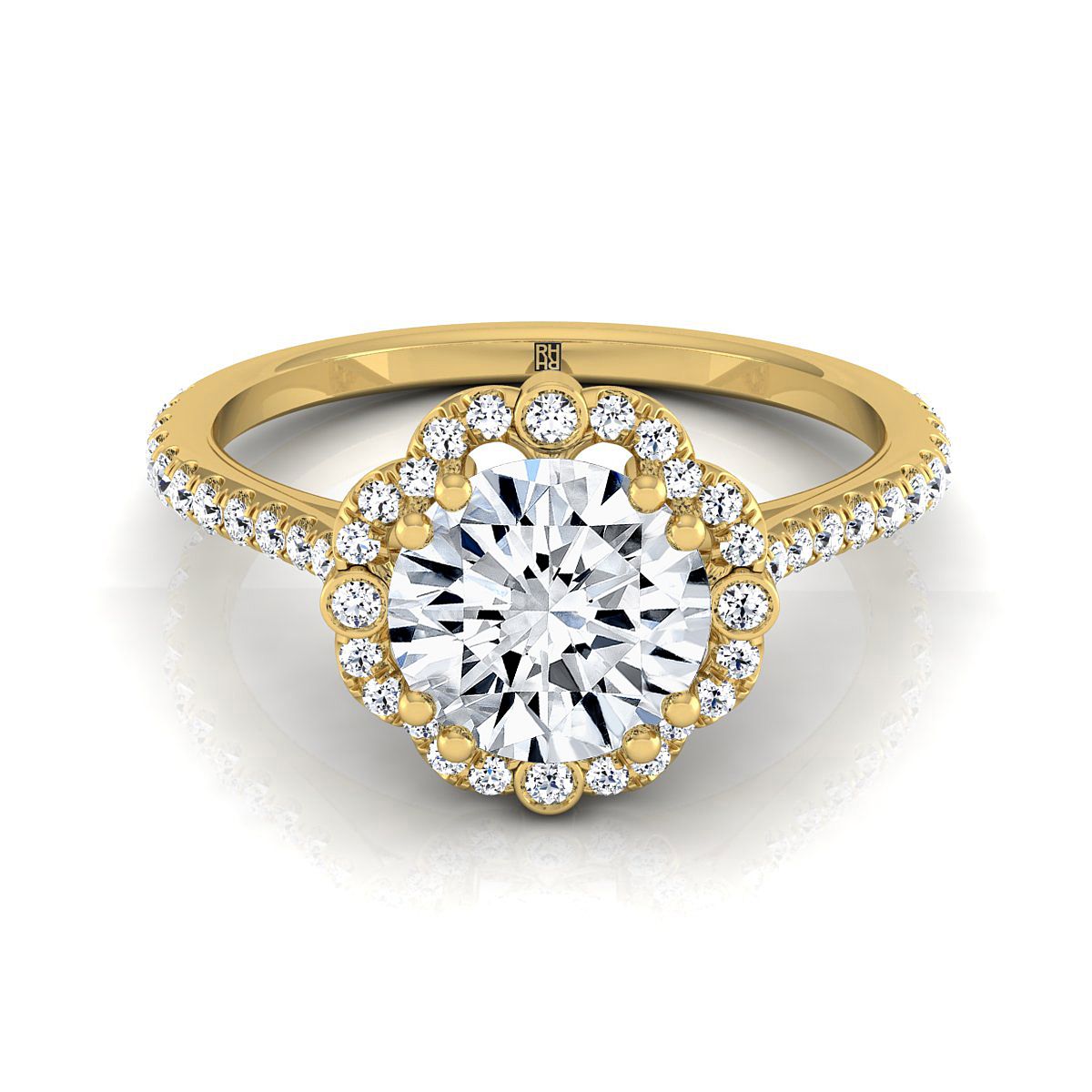 Florence Select Vintage Scalloped Halo Round Lab Diamond Engagement Ring in 18K Yellow Gold | RockHer