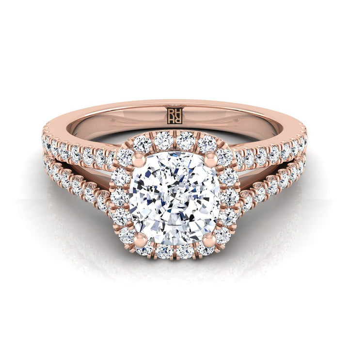 Split Shank Pavé Halo Cushion, in 14K Rose Gold, pave setting | RockHer