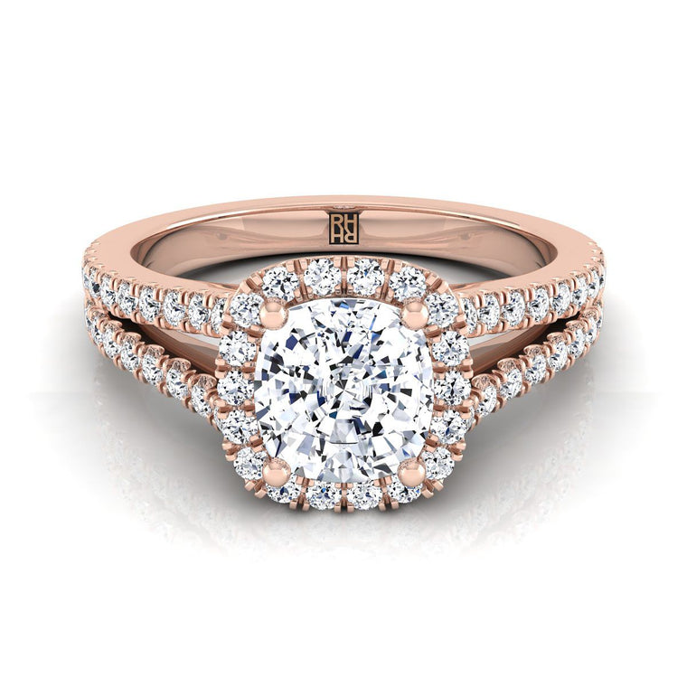 The Aretha Split Shank Pavé Halo Cushion Cut Engagement Ring Setting in 14K Rose Gold