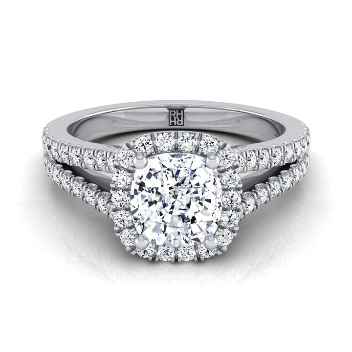 Split Shank Pavé Halo Cushion, in Platinum, pave setting | RockHer