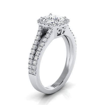 Split Shank Pavé Halo Cushion, in Platinum, pave setting – side profile | RockHer