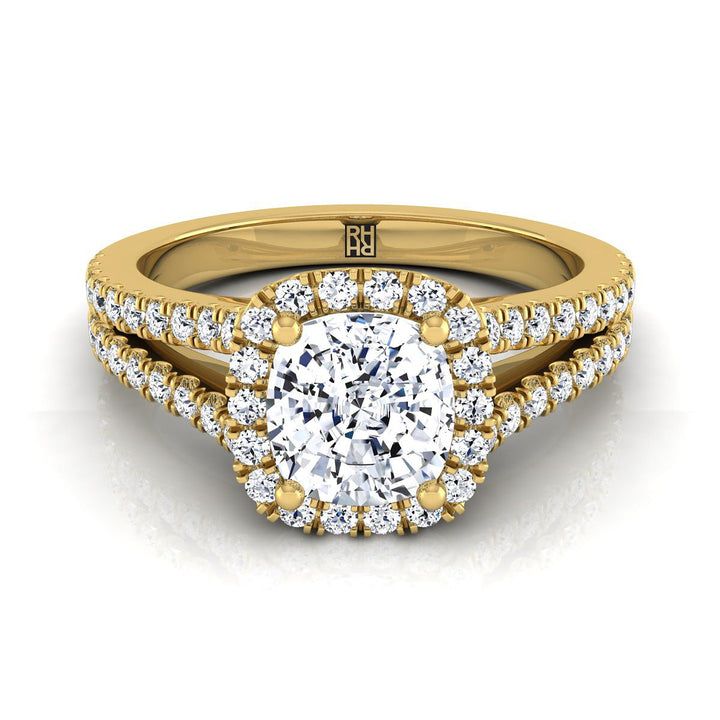 Split Shank Pavé Halo Cushion, in 18K Yellow Gold, pave setting | RockHer
