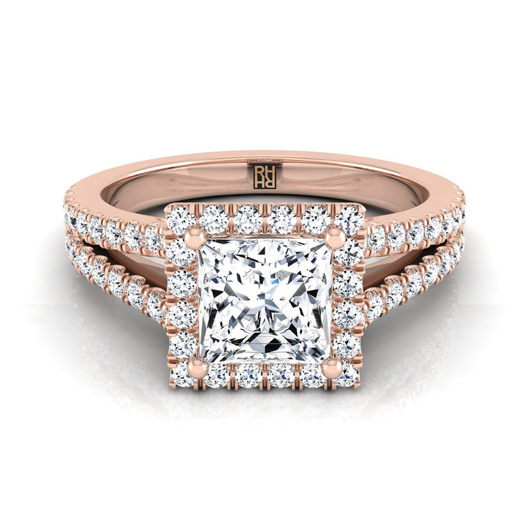 The Aretha Split Shank Pavé Halo Princess Cut Engagement Ring Setting in 14K Rose Gold